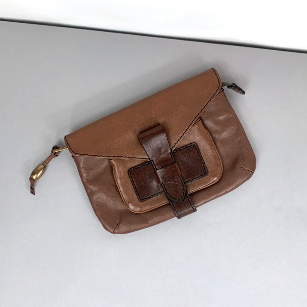 FRYE Leather Clutch in Tan with Brass Tone Hardware